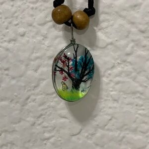 Beautiful Bright Tree Of Life With Butterfly Charm 22" Black Rope Necklace